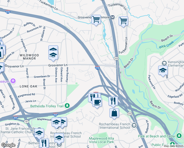 map of restaurants, bars, coffee shops, grocery stores, and more near 5321 Merriam Street in Bethesda