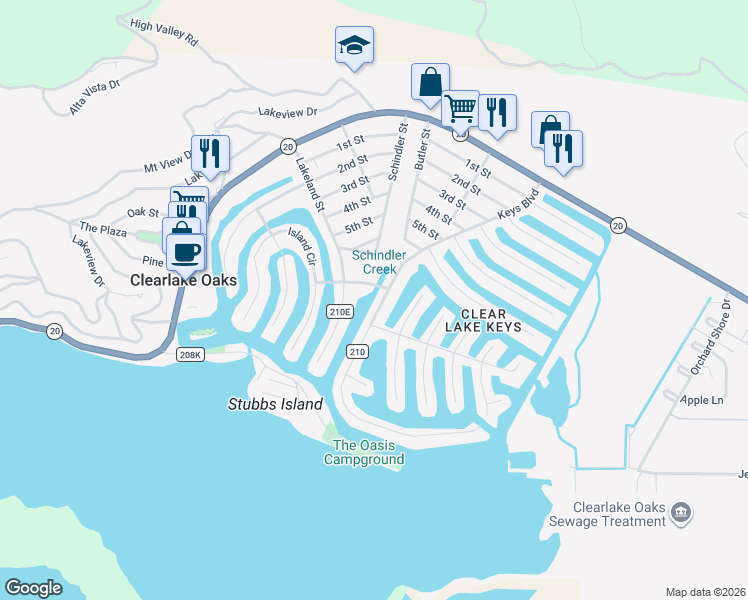 map of restaurants, bars, coffee shops, grocery stores, and more near 588 Keys Boulevard in Clearlake Oaks