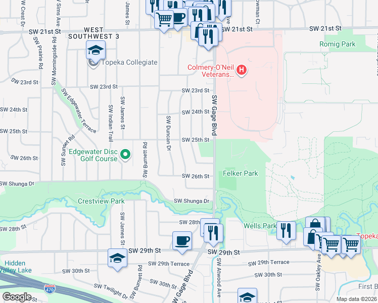 map of restaurants, bars, coffee shops, grocery stores, and more near 2521 Southwest Mission Avenue in Topeka