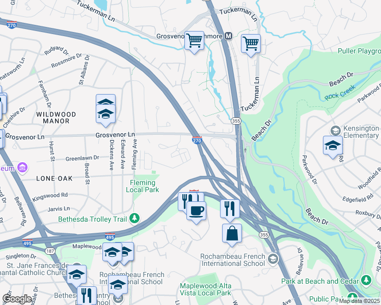 map of restaurants, bars, coffee shops, grocery stores, and more near 5324 Merriam Street in Bethesda