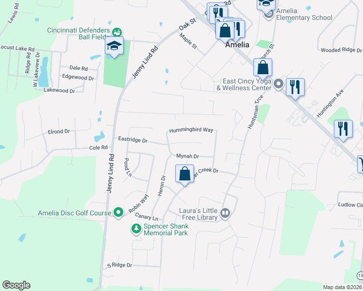 map of restaurants, bars, coffee shops, grocery stores, and more near 31 Eastridge Drive in Amelia