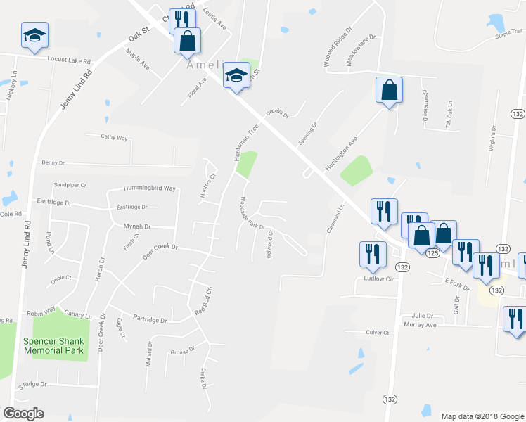 map of restaurants, bars, coffee shops, grocery stores, and more near 4 Woodsong Court in Amelia