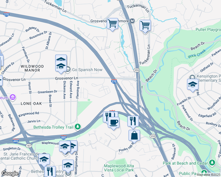 map of restaurants, bars, coffee shops, grocery stores, and more near 5322 Merriam Street in Bethesda
