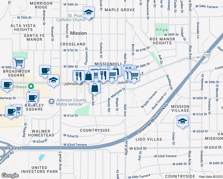 map of restaurants, bars, coffee shops, grocery stores, and more near 5911 Reeds Road in Mission