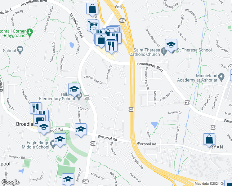map of restaurants, bars, coffee shops, grocery stores, and more near 21590 Iredell Terrace in Ashburn