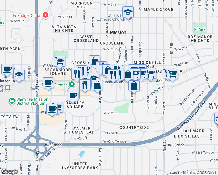 map of restaurants, bars, coffee shops, grocery stores, and more near 6201 Johnson Drive in Mission