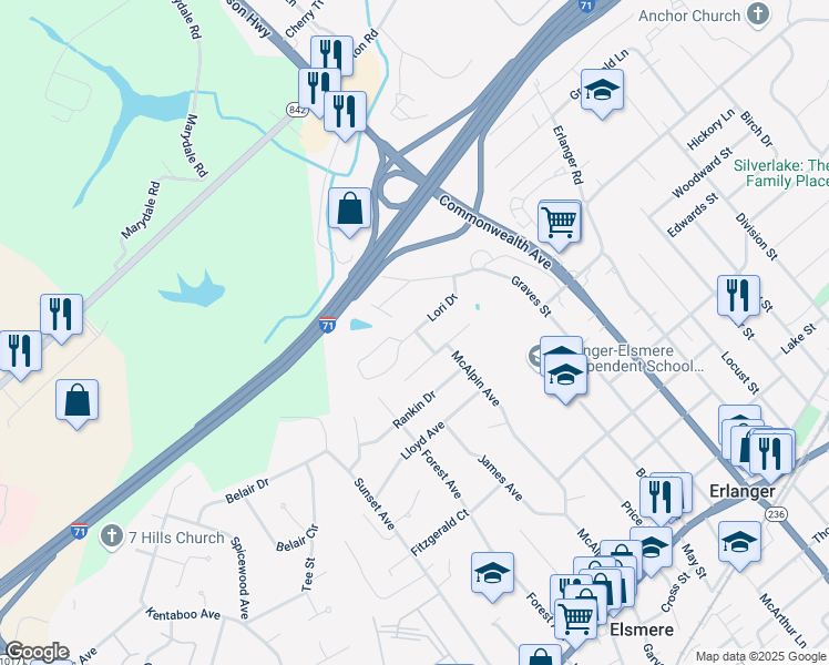map of restaurants, bars, coffee shops, grocery stores, and more near 3901 Lori Drive in Erlanger
