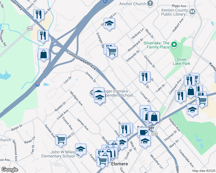 map of restaurants, bars, coffee shops, grocery stores, and more near 415 Commonwealth Avenue in Erlanger
