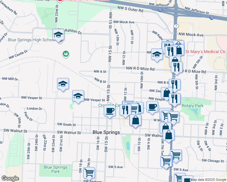 map of restaurants, bars, coffee shops, grocery stores, and more near 1405 Northwest Knox Street in Blue Springs