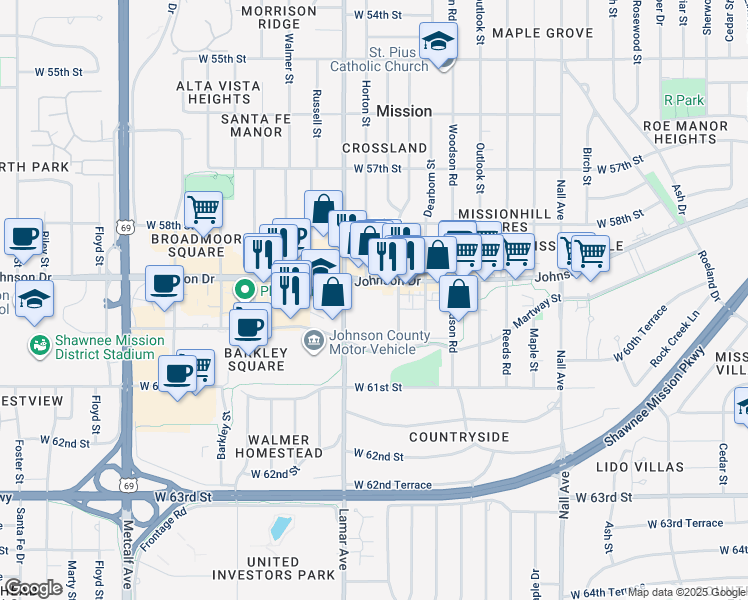 map of restaurants, bars, coffee shops, grocery stores, and more near 6220 Martway Street in Mission