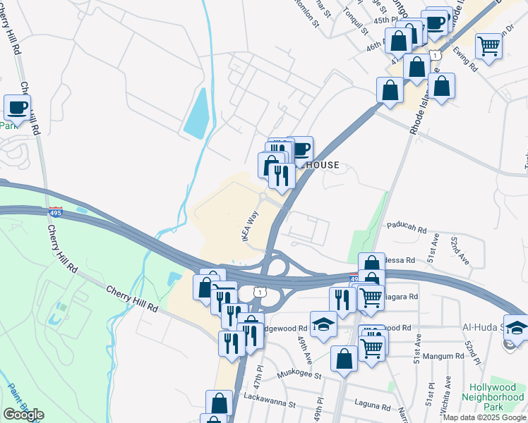 map of restaurants, bars, coffee shops, grocery stores, and more near 10050 Baltimore Avenue in College Park