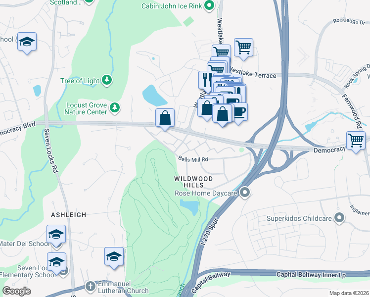 map of restaurants, bars, coffee shops, grocery stores, and more near 7232 Taveshire Way in Bethesda