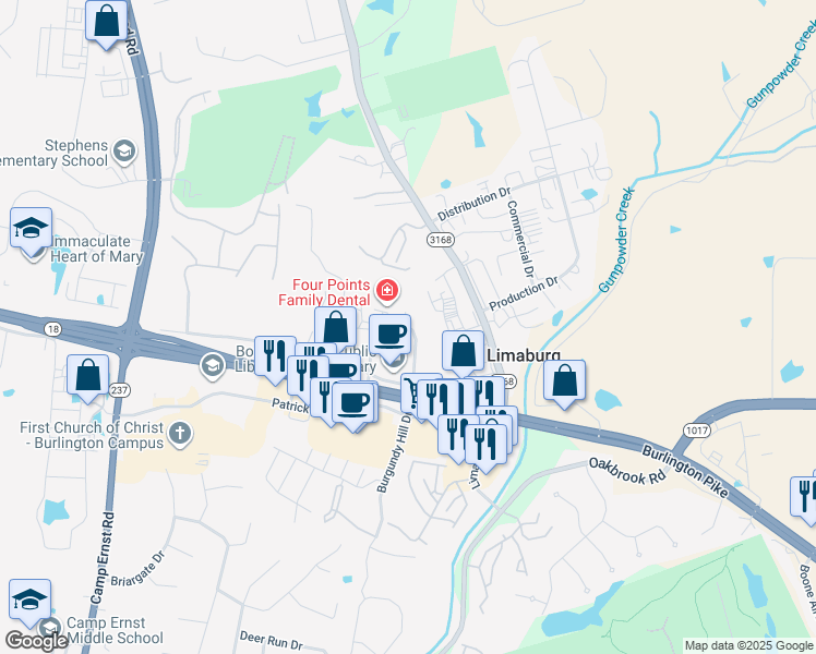 map of restaurants, bars, coffee shops, grocery stores, and more near 6025 Taylor Drive in Burlington