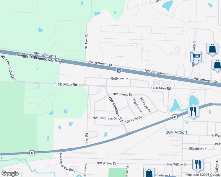 map of restaurants, bars, coffee shops, grocery stores, and more near 1231 R D Mize Road in Grain Valley