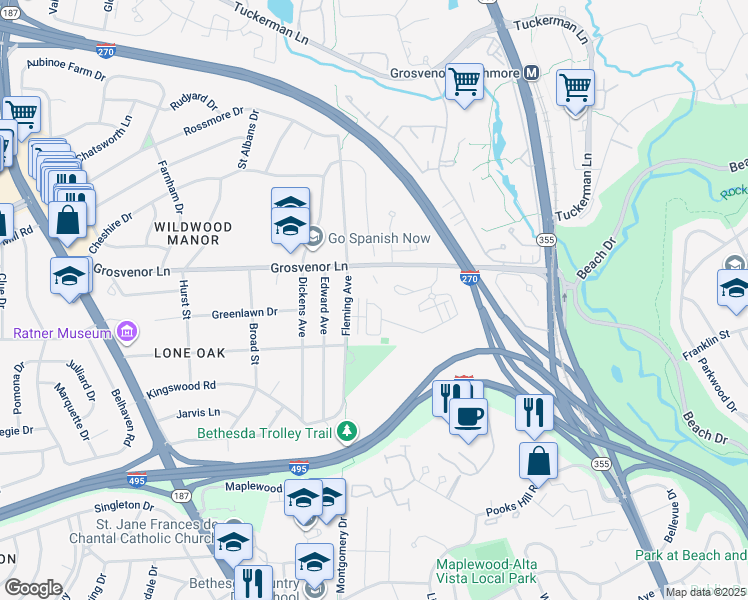 map of restaurants, bars, coffee shops, grocery stores, and more near 104 Winsome Circle in Bethesda