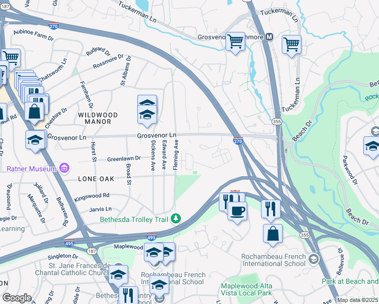 map of restaurants, bars, coffee shops, grocery stores, and more near 104 Winsome Circle in Bethesda