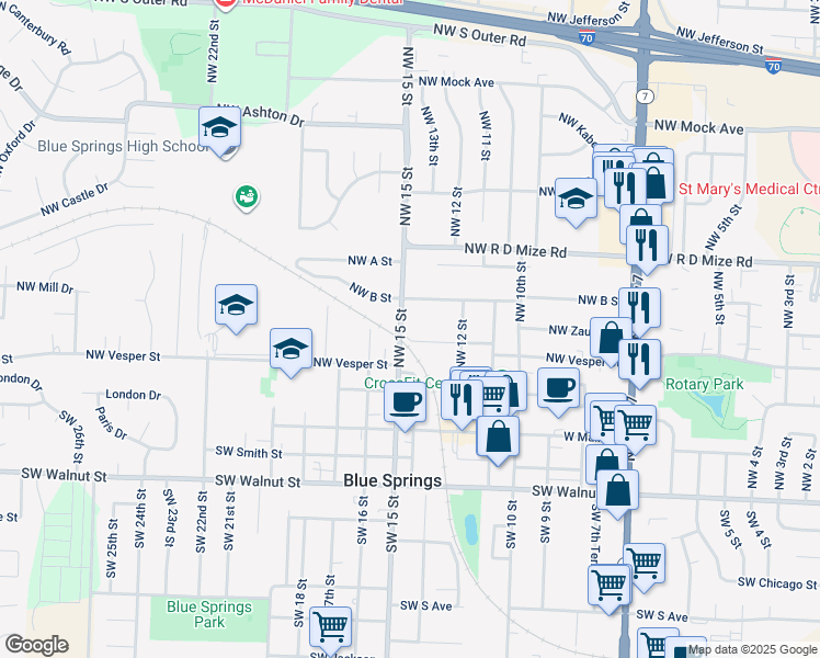 map of restaurants, bars, coffee shops, grocery stores, and more near 1405 Northwest Knox Street in Blue Springs