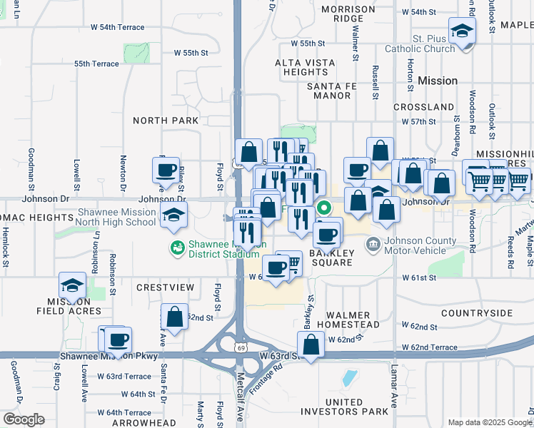 map of restaurants, bars, coffee shops, grocery stores, and more near 5924 Broadmoor St in Mission