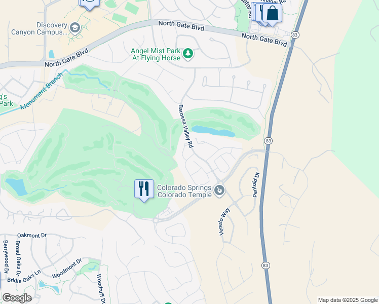 map of restaurants, bars, coffee shops, grocery stores, and more near 13135 Thumbprint Court in Colorado Springs