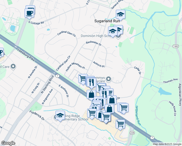 map of restaurants, bars, coffee shops, grocery stores, and more near 46852 Burning Branch Terrace in Sterling