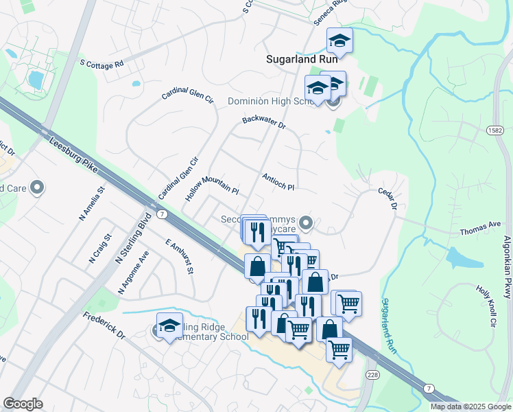 map of restaurants, bars, coffee shops, grocery stores, and more near 46852 Burning Branch Terrace in Sterling