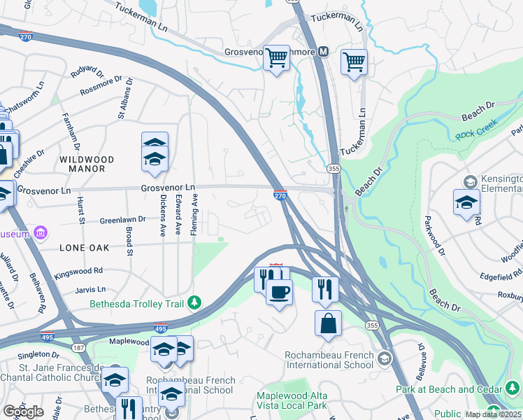 map of restaurants, bars, coffee shops, grocery stores, and more near 5309 Merriam Street in Bethesda