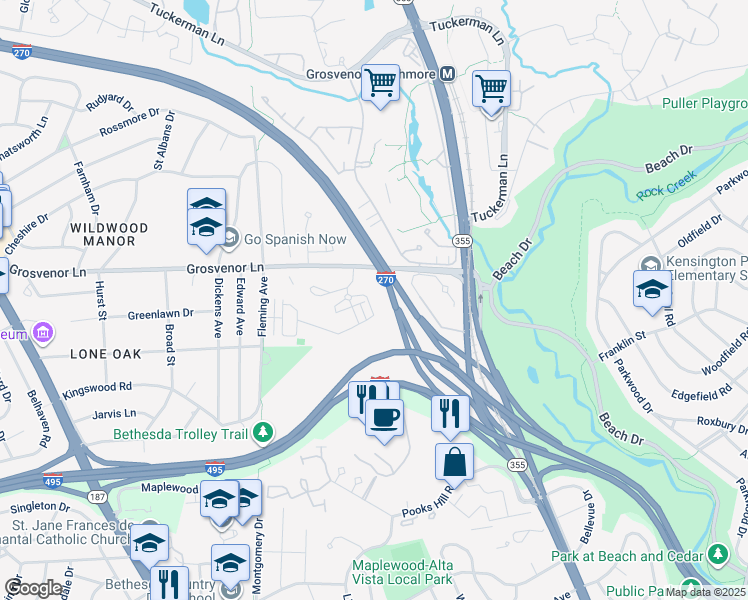 map of restaurants, bars, coffee shops, grocery stores, and more near 5320 Merriam Street in Bethesda