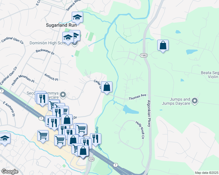 map of restaurants, bars, coffee shops, grocery stores, and more near 60 Cedar Drive in Sterling