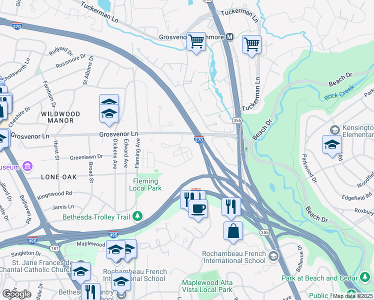 map of restaurants, bars, coffee shops, grocery stores, and more near 5313 Merriam Street in Bethesda