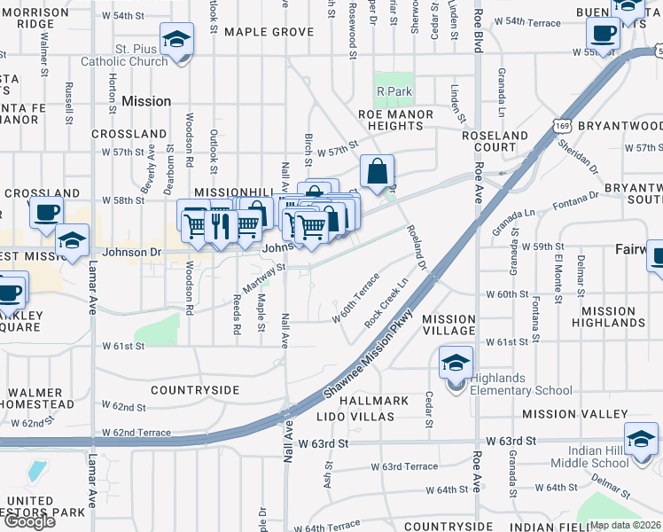 map of restaurants, bars, coffee shops, grocery stores, and more near 5399 Martway Street in Mission