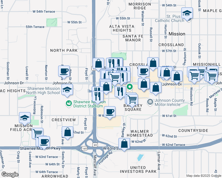 map of restaurants, bars, coffee shops, grocery stores, and more near 6864 Martway Street in Mission