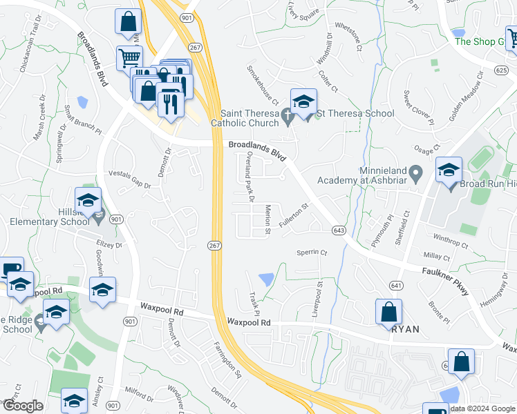 map of restaurants, bars, coffee shops, grocery stores, and more near 43305 Markham Place in Ashburn