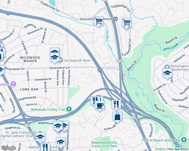 map of restaurants, bars, coffee shops, grocery stores, and more near 5313 Merriam Street in Bethesda