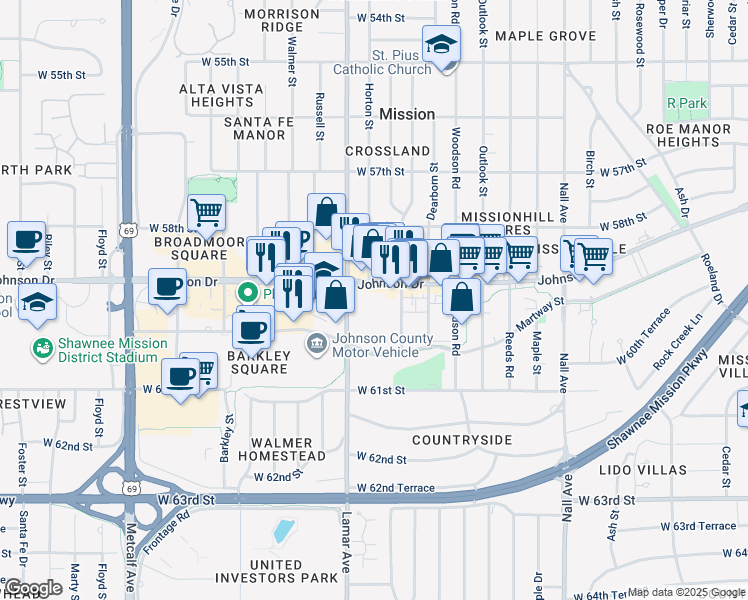 map of restaurants, bars, coffee shops, grocery stores, and more near 6220 Martway Street in Mission