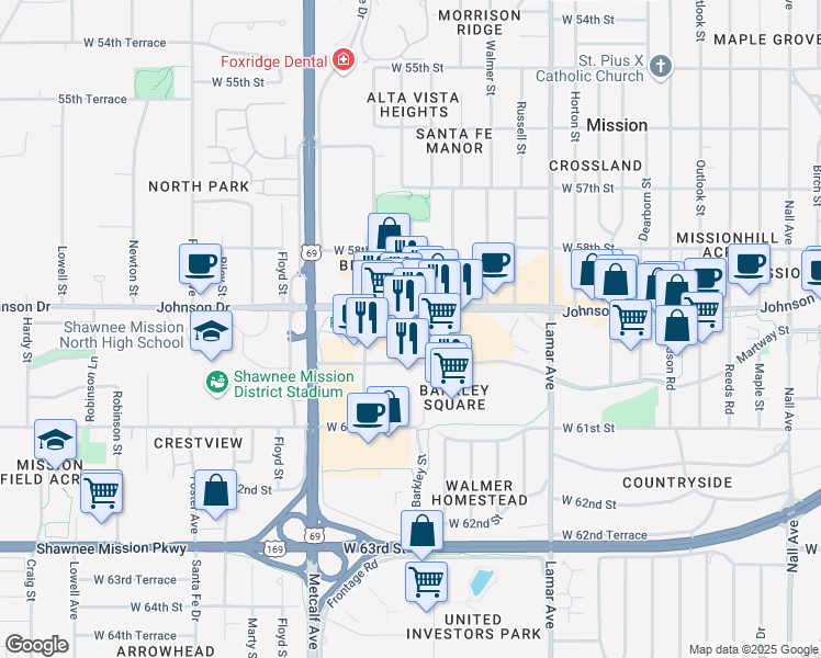 map of restaurants, bars, coffee shops, grocery stores, and more near 5959 Barkley Street in Mission