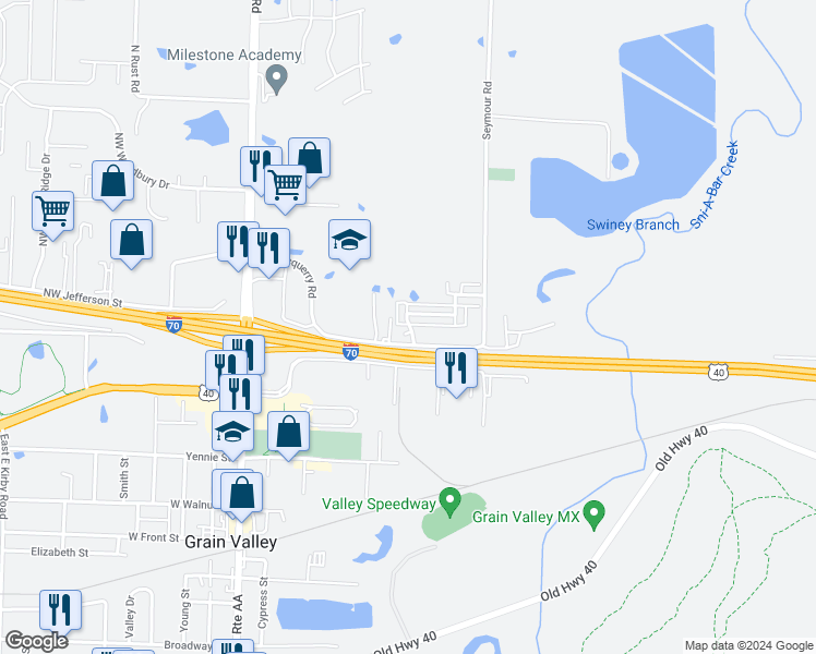 map of restaurants, bars, coffee shops, grocery stores, and more near 922 Northeast Deer Creek Drive in Grain Valley