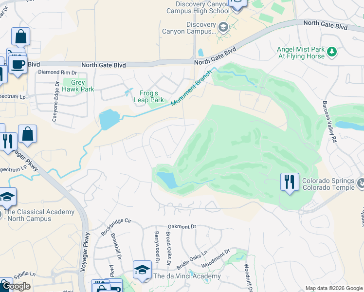 map of restaurants, bars, coffee shops, grocery stores, and more near 1095 Old North Gate Road in Colorado Springs