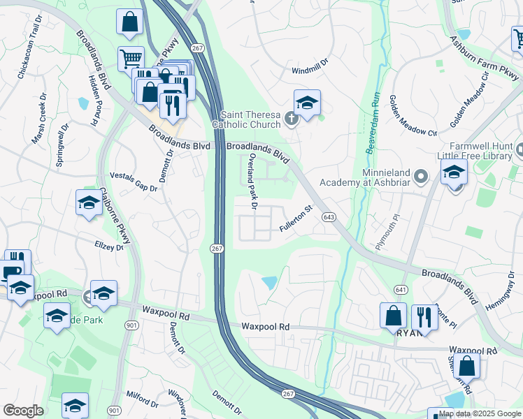 map of restaurants, bars, coffee shops, grocery stores, and more near 43305 Markham Place in Ashburn