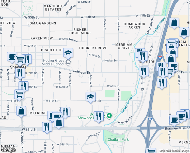 map of restaurants, bars, coffee shops, grocery stores, and more near 5929 Mastin Street in Shawnee