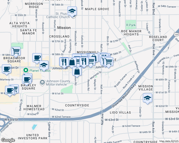 map of restaurants, bars, coffee shops, grocery stores, and more near 5907 Reeds Road in Mission
