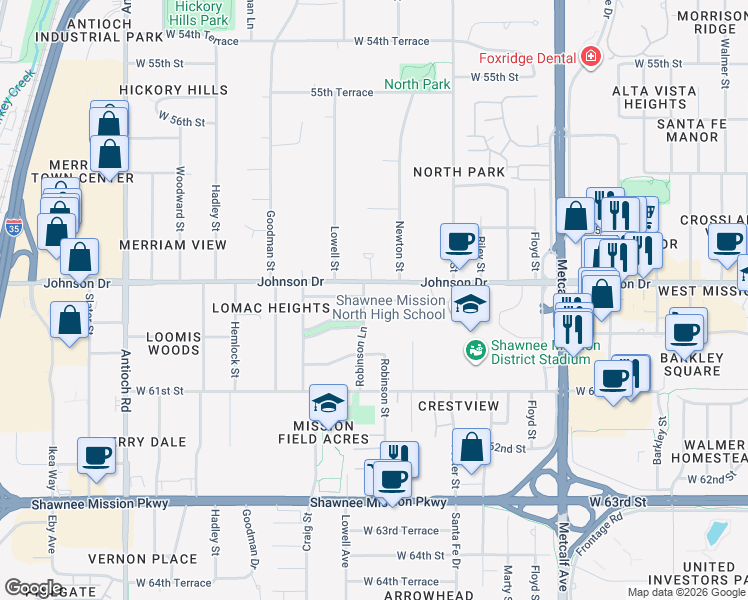 map of restaurants, bars, coffee shops, grocery stores, and more near 5925 Robinson Lane in Mission