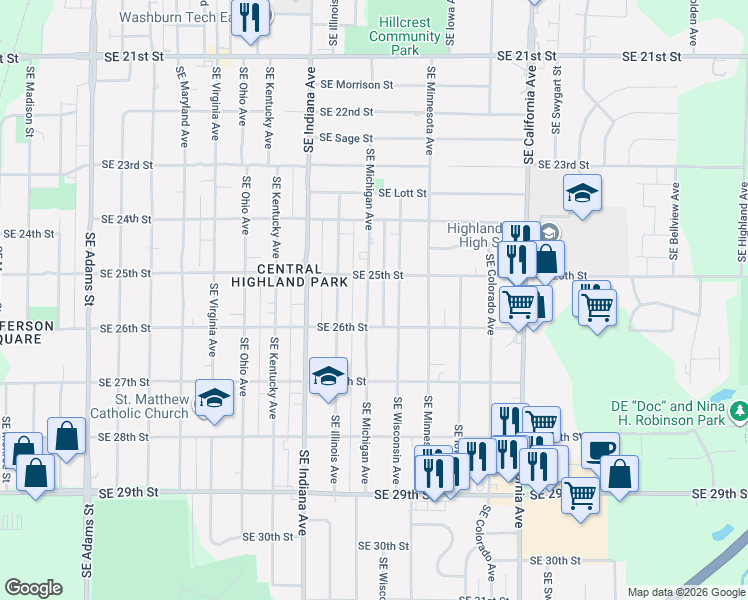 map of restaurants, bars, coffee shops, grocery stores, and more near 2544 Southeast Michigan Avenue in Topeka