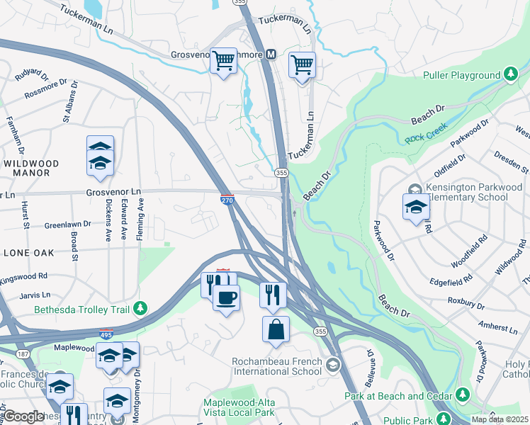 map of restaurants, bars, coffee shops, grocery stores, and more near 5319 King Charles Way in Bethesda