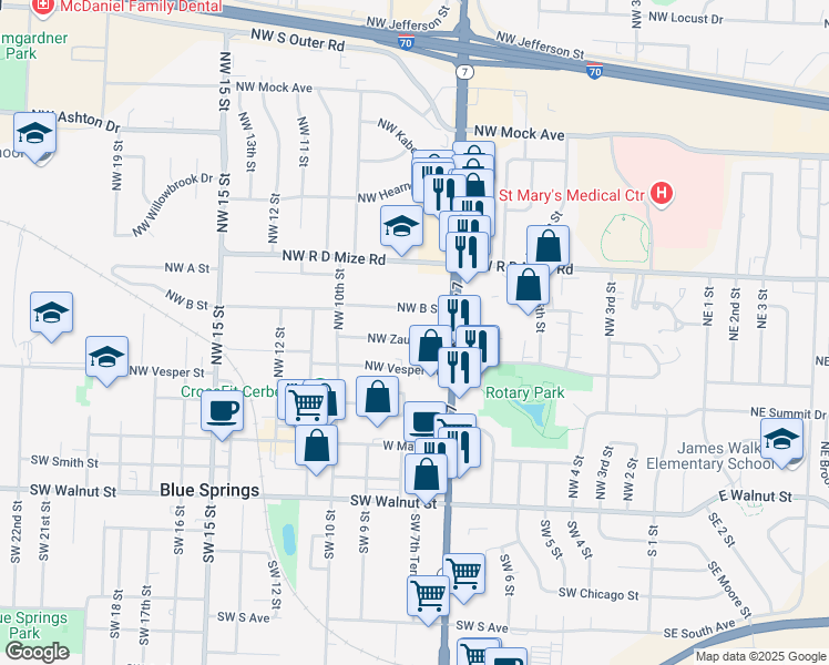 map of restaurants, bars, coffee shops, grocery stores, and more near 715 Northwest Zaun Avenue in Blue Springs