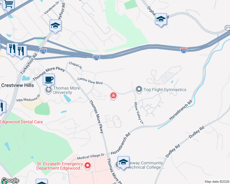 map of restaurants, bars, coffee shops, grocery stores, and more near 538 Centre View Boulevard in Crestview Hills