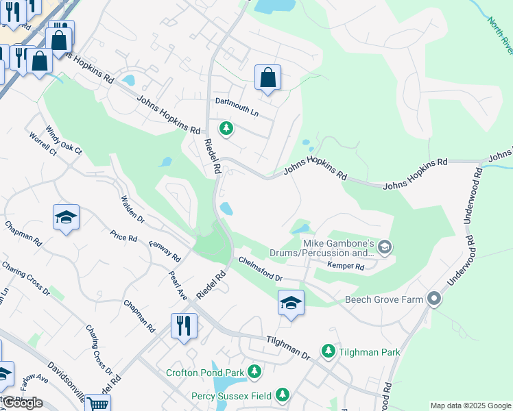 map of restaurants, bars, coffee shops, grocery stores, and more near 2173 Johns Hopkins Road in Gambrills