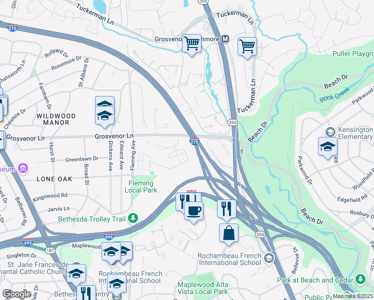 map of restaurants, bars, coffee shops, grocery stores, and more near 5316 Merriam Street in Bethesda