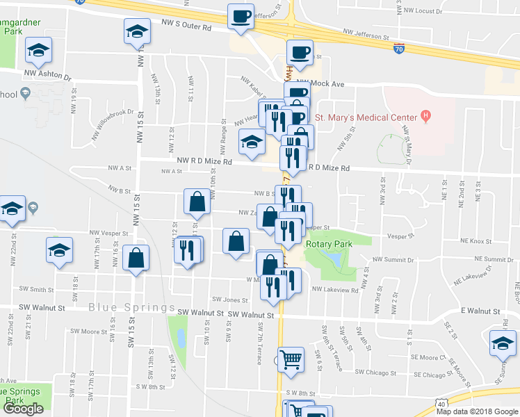map of restaurants, bars, coffee shops, grocery stores, and more near 705 Northwest Vesper Street in Blue Springs