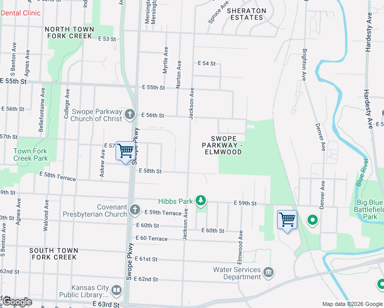map of restaurants, bars, coffee shops, grocery stores, and more near 4220 East 58th Street in Kansas City