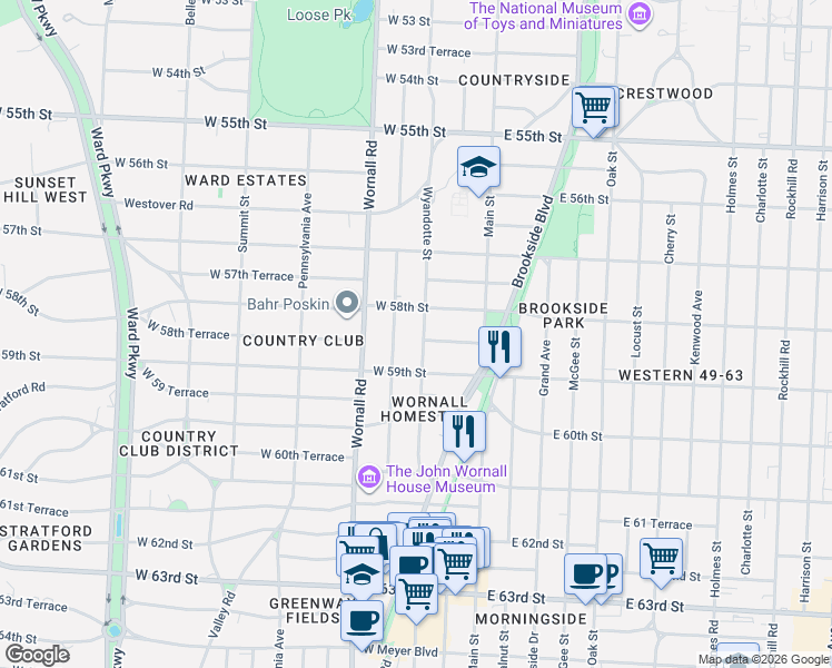 map of restaurants, bars, coffee shops, grocery stores, and more near 43 West 58th Terrace in Kansas City